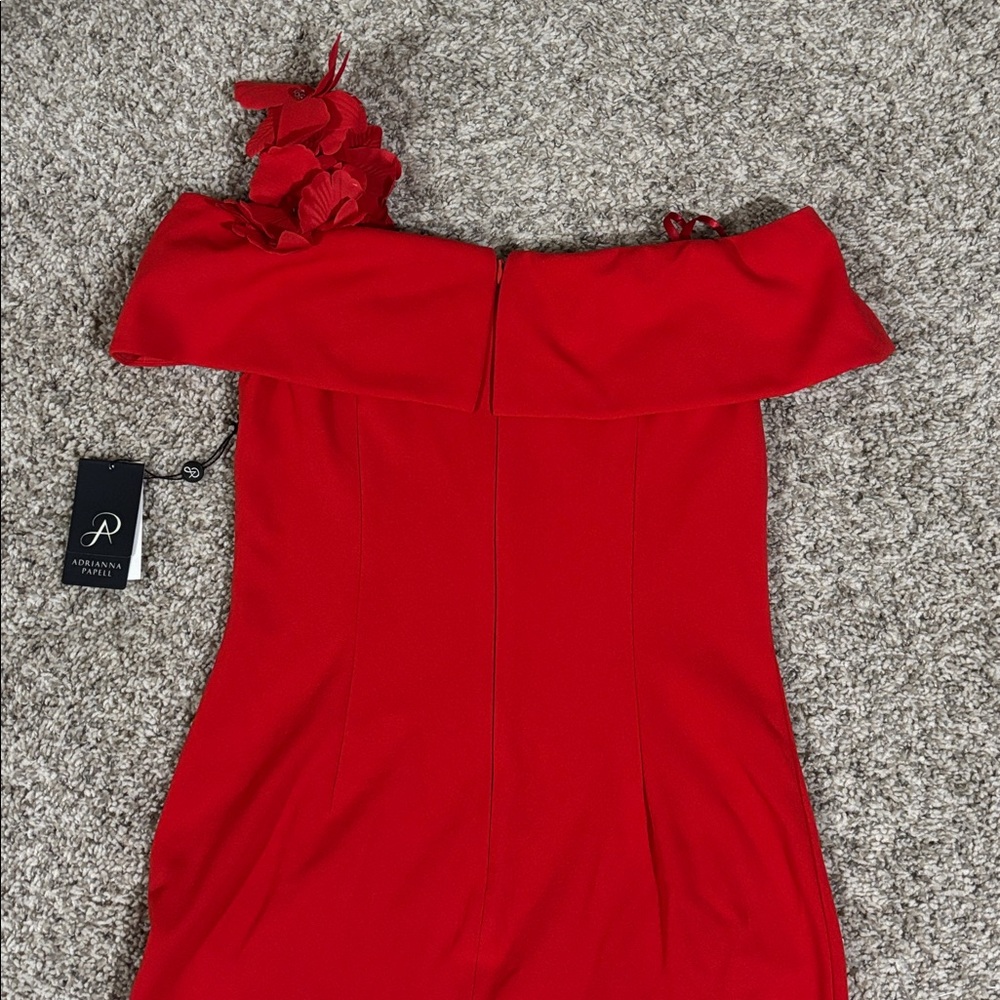 Adrianna Papell  Red Off Shoulder Asymmetric Mermaid Dress 6 - Picture 7 of 12